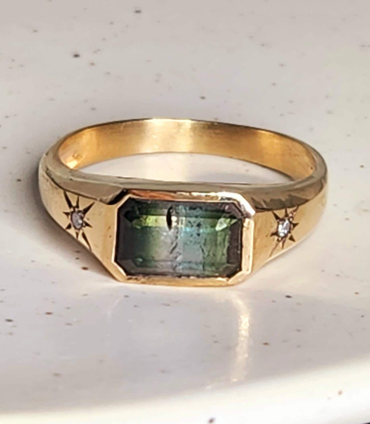 Tri Color Tourmaline and Diamond Solid 14 kt Solitaire Ring,  Bi Color Tourmanlie Gold  Ring, 14 kt gold  Signet style