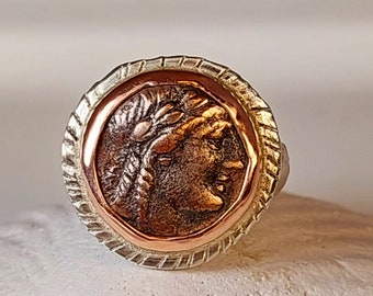 Ancient Greek Coin Statement Ring, 14 kt Rose Gold, Silver and Authentic Greek Coin Ring,Ancient Coin Jewelry
