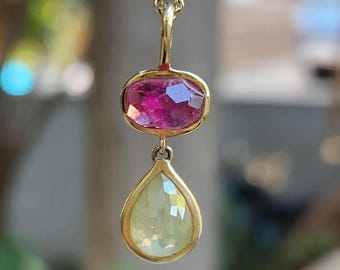 FOR SUE: 18kt Gold Rubellite and Rose Cut Diamond Pendant Necklace
