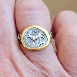 Ancient Greek Coin Ring, Silver, 22 kt gold Coin Ring, ancient coin jewelry image 4