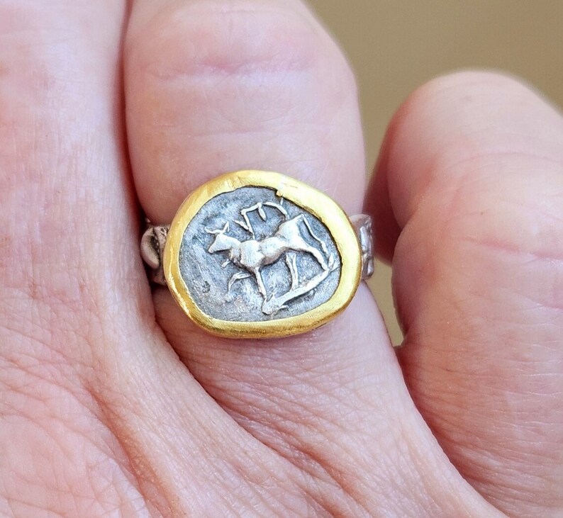 Ancient Greek Coin Ring, Silver, 22 kt gold Coin Ring, ancient coin jewelry image 4