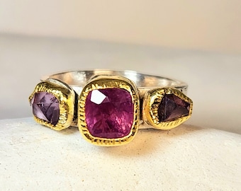 Pink Sapphire and Spinel  Multistone Ring,   Sapphire and  Spinel Triple Stone  Ring,  22 kt Gold ,Silver , Gemstone Rings
