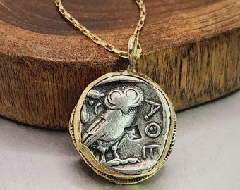 Solid Gold Ancient Greek Coin Necklace: Athena Owl Silver Tetradrachm Pendant