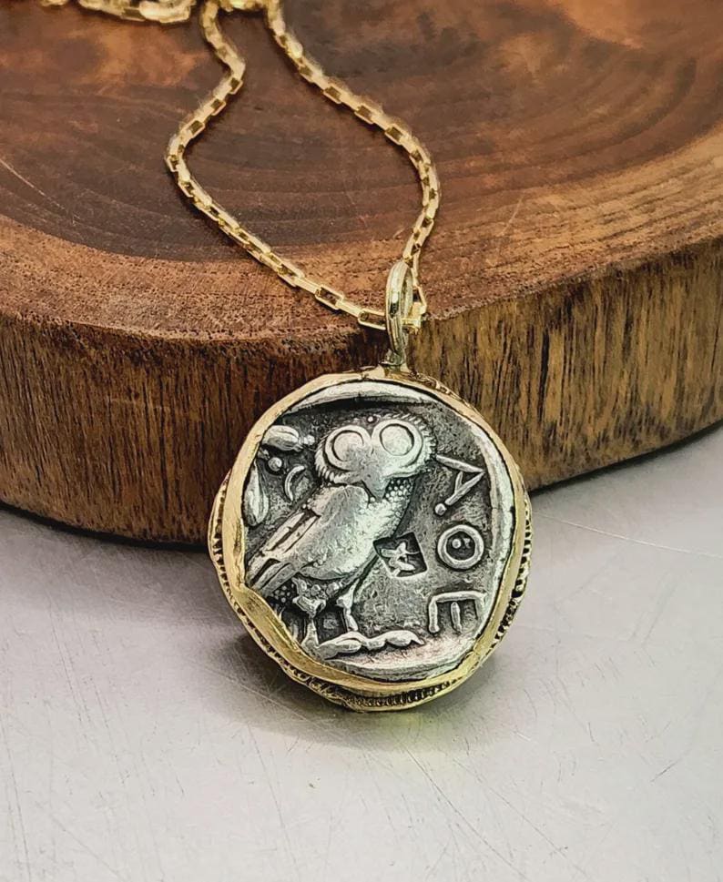 Solid Gold Ancient Greek Coin Necklace: Athena Owl Silver Tetradrachm Pendant