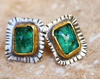 RESERVED FOR K, Emerald Earrings, Emerald, Silver and  22 kt solid studs, gold emerald post earrings