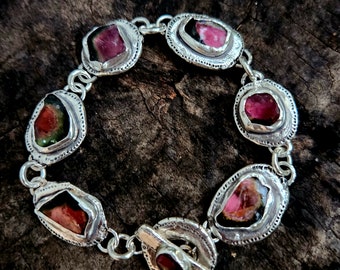 Watermelon Tourmaline Link Bracelet, Sterling Silver and Rose Cut Gemstone Bracelet , Chunky Gemstone bracelet