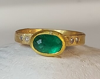 Anillo de oro esmeralda de 18 kt, anillo de compromiso de esmeralda y diamantes de oro sólido, joyería de esmeralda natural