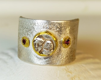 TWENTY PERCENT SALE, Ancient Greek Coin Statement ring,  Silver, 22kt  Gold and Rhodolite Coin Ring, Ancient Coin Jewelry