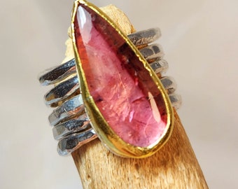 PinkTourmaline Stacking Ring Set , Silver, 22 kt Gold and  8.9 Carat Tourmaline  Stackers, Gemstone Stacking Rings, Boho tourmaline rings