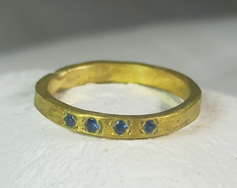 Solid 22 kt gold  Sapphire Ring, Organic Style  Blue Sapphire and 22 Kt Gold Band, Gols Sapphire Stacking Ring