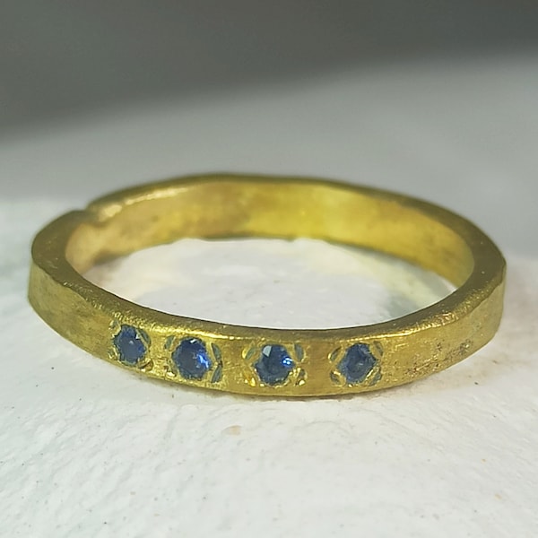 Solid 22 kt gold  Sapphire Ring, Organic Style  Blue Sapphire and 22 Kt Gold Band, Gols Sapphire Stacking Ring