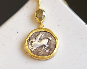 Ancient Greek Pegasus Pendant,   22 kt Gold, Rose Cut Diamond and  Coin necklace  , Ancient coin Jewelry,  Statement