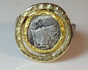 Greek Coin Statement Ring, Silver , 18 and 22 kt Gold Ancient Coin Ring , Ancient Coin Jewelry