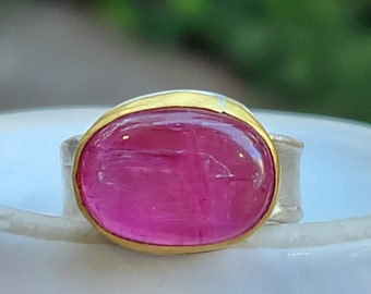 RESERVED FOR DIANE, Vivid Pink Tourmaline Solitaire Ring, 22 kt Gold, Silver  and 6.5 Carat Tourmaline  Statement Ring