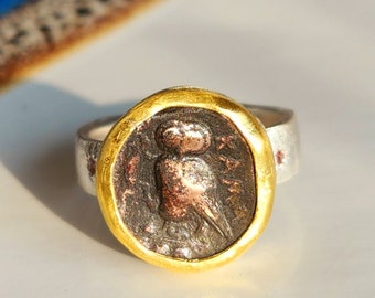 Ancient Greek Coin Statement Ring, Ancient Owl Coin, 22 kt Gold, Sapphire and Silver Coin Ring, Ancient Coin Jewelry
