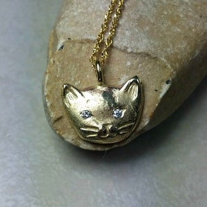 Solid 14 kt yellow gold and diamond cat necklace, gold and Diamond kitty pendant, birthstone necklace image 1