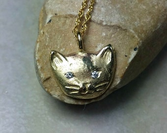 Solid 14 kt yellow gold and diamond cat necklace, gold and Diamond kitty  pendant, birthstone necklace