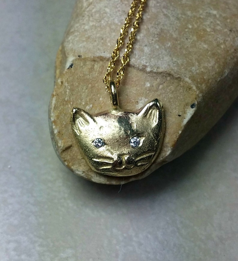 Solid 14 kt yellow gold and diamond cat necklace, gold and Diamond kitty pendant, birthstone necklace image 1