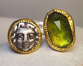 Ancient Greek  Coin Statement Ring,  22 kt Gold, silver and Peridot Cuff  ring, Open gemstone and coin ring