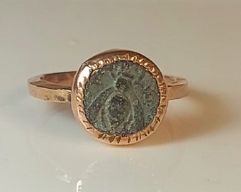 Ancient Greek Coin Statement Ring, solid rose gold ancient Ephesus Bee coin ring  ,14 kt gold ring,