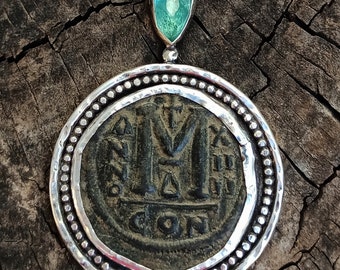 Ancient Byzantine Coin Pendant, Chunky Silver and Blue Tourmaline Necklace , Extra Large Authentic Coin Pendant