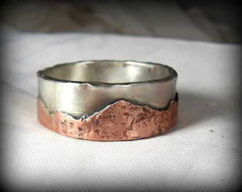 Men's Wedding Band, Mountain Ring,  silver and copper  band, Men's Rustic Band, mountain jewelry,Climbing jewelry,  Men's mountain band