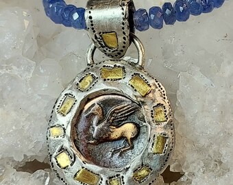 Ancient Greek Pegasus Coin Pendant, Tanzanite Strand, Silver, 22 kt Gold and Ancient Coin Necklace, Ancient Coin Jewelry
