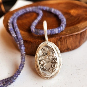 Ancient Coin Statement Necklace, Athena Owl Necklace, Ancient Greek coin , tanzanite and Silver Necklace, Ancient coin jewelry image 1