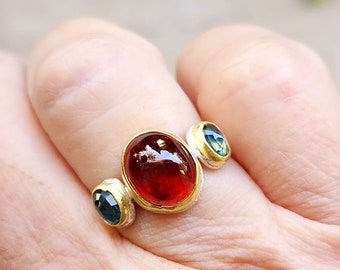 Garnet and Sapphire Multi Stone Ring, 22 kt gold,  Sessartite Garnet and Blue sapphire Statement ring,Triple Gemstone  Band