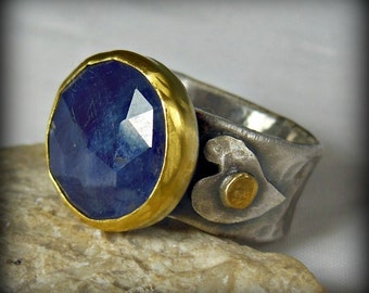 Blue Sapphire ring , solitaire ring, Rose cut sapphire Statement ring, silver and 22 kt karat gold ring, rustic style sapphire ring