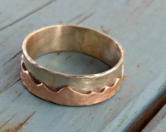 Mountain Ring, solid 14 kt gold mountain wedding band, Men's Wedding Ring, custom made  gold ring,custom made mountain band, outdoor wedding
