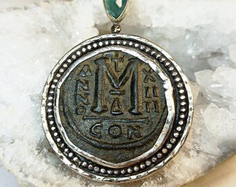 Ancient Byzantine Coin Pendant, Chunky Silver and Blue Tourmaline Necklace , Extra Large Authentic Coin Pendant