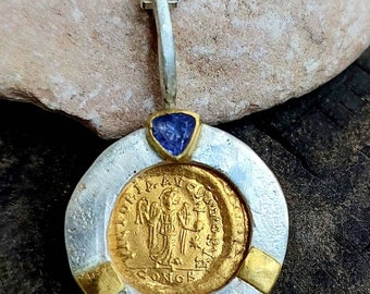 Ancient Coin Statement Necklace, Ancient Coin, Gold, tanzanite Pendant, Authentic Solid Gold Coin, Ancient Coin Jewelry