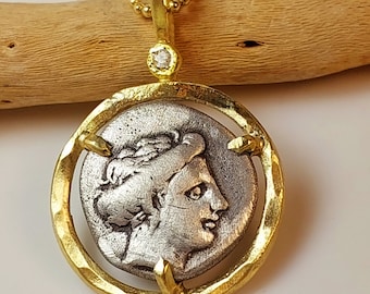 Ancient Greek Coin Pendant, 18 kt Solid Gold, Diamond and Coin Necklace , Ancient Coin Jewelry