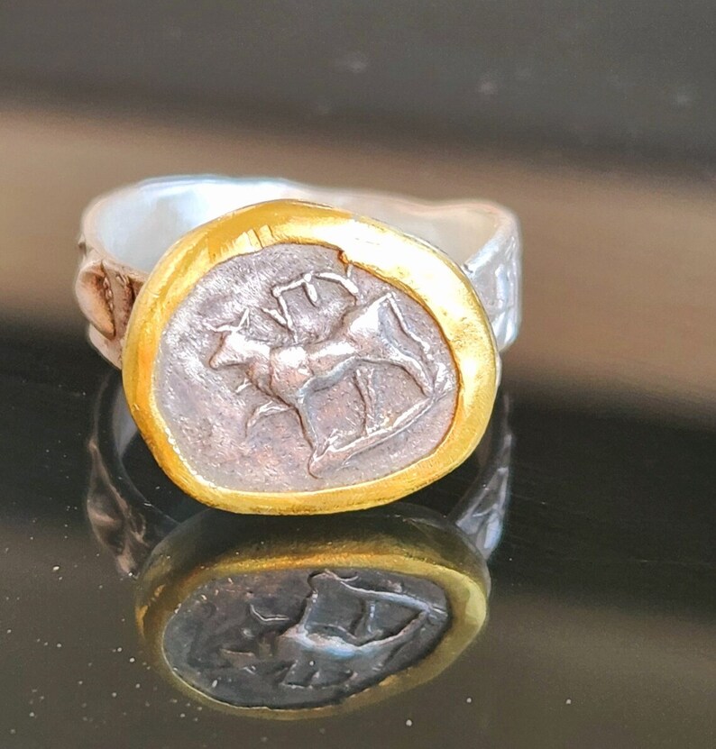 Ancient Greek Coin Ring, Silver, 22 kt gold Coin Ring, ancient coin jewelry image 3
