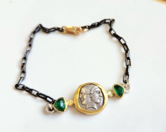 RESERVED FOR SUE Ancient Greek Coin Bracelet , 22 kt Gold, Silver and Emerald Chain Bracelet,, ancient coin jewelry