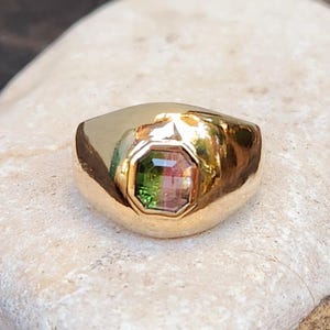Tourmaline Solid 14 kt Solitaire Ring,  Bi Color Tourmanlie Gold Bombe Ring, 14 kt gold Chunky Signet style Gemstone Ring