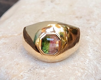 Tourmaline Solid 14 kt Solitaire Ring,  Bi Color Tourmanlie Gold Bombe Ring, 14 kt gold Chunky Signet style Gemstone Ring