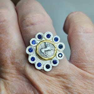 Ancient Coin and Sapphire Ring, , Greek Horse Coin,Silver, 22 kt Gold and Blue sapphire ring, Ancient Coin Jewelry, Sapphire Jewelry
