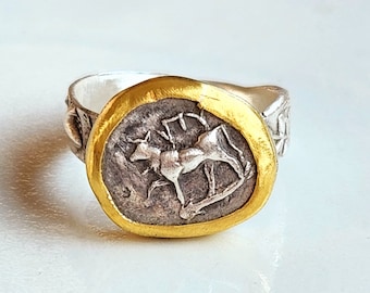 Ancient Greek Coin Ring, Silver, 22 kt gold and Diamond Coin Ring, ancient coin jewelry