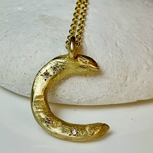 Diamond and Solid 14 kt Gold Moon Necklace,  Gold and Diamond Pendant, Artisan Style Gold and Diamond Necklace