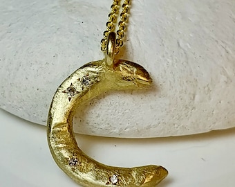 Diamond and Solid 14 kt Gold Moon Necklace,  Gold and Diamond Pendant, Artisan Style Gold and Diamond Necklace