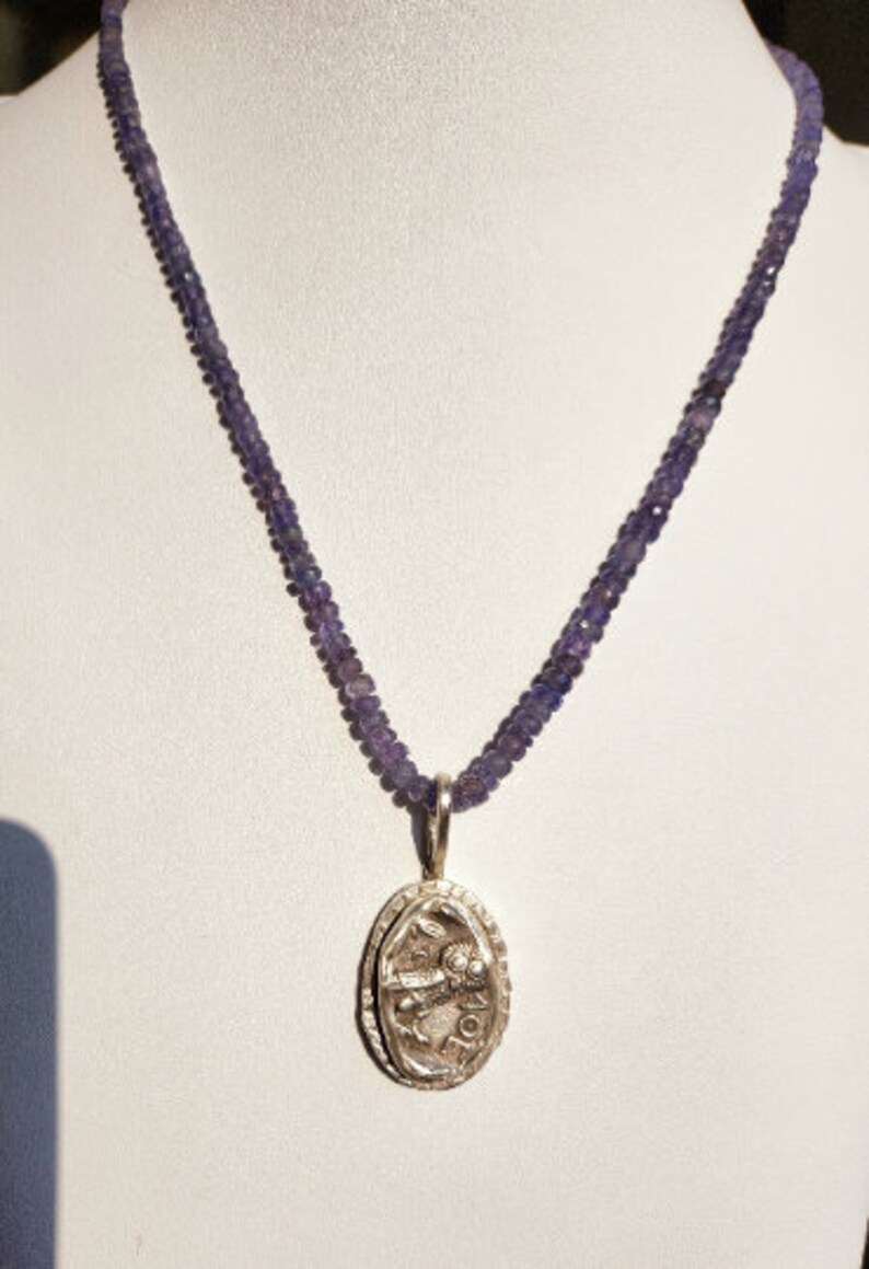 Ancient Coin Statement Necklace, Athena Owl Necklace, Ancient Greek coin , tanzanite and Silver Necklace, Ancient coin jewelry image 4