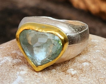 RESERVED FOR DIANE, Aquamarine Statement Ring, Aquamarine Heart  Ring,  22 kt Gold ,Silver and Aquamarine  Bobme Chunky Heart  Ring,