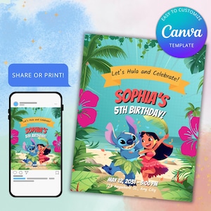 Lilo and Stitch Tropical Luau Birthday Video Invitation | Editable Canva Template | Hawaiian Island Party Kids | Instant Digital Download