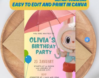 Labubu Birthday Party Invitation | Editable Canva Template (Digital Download)
