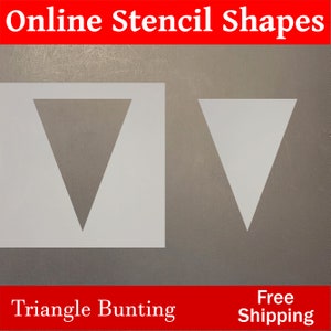 May include: Two white triangle stencils on a gray background. The stencils are for creating triangle bunting. The text "Triangle Bunting" is below the stencils. The text "Free Shipping" is below the stencils on the right side of the image.