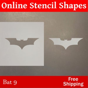 May include: A white stencil with a bat symbol, next to a gray bat symbol. The text "Online Stencil Shapes" is at the top, and "Bat 9" is at the bottom. The background is a light gray.