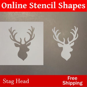 May include: A white stag head stencil with antlers. The stencil is on a gray background. The text "Stag Head" is below the stencil. The text "Free Shipping" is below the stencil on the right side of the image.