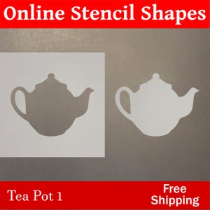 May include: Two black and white stencils of a teapot, one with a solid fill and the other with an outline. The stencils are labeled "Tea Pot 1" and "Free Shipping".